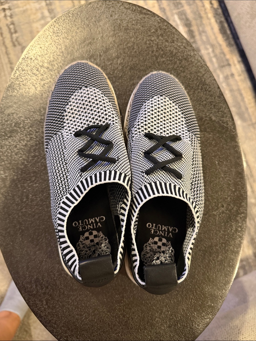 Vince Camuto Black & White Knit Slip-On Sneakers with leather heels
